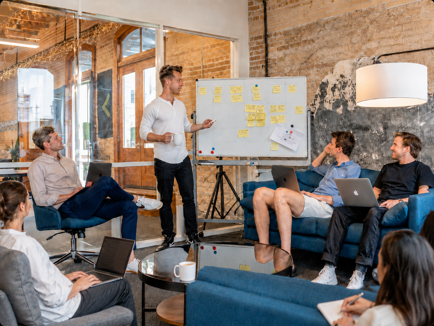 Teammeeting mit Präsentation am Whiteboard in einem modernen Büro – Einblick in eine Karriere bei AS Publicum.