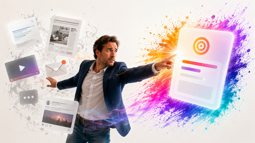 Ein Unternehmer wendet sich von vielen verstreuten Marketingkanälen ab und konzentriert sich gezielt auf einen einzelnen, klar hervorgehobenen Kanal.