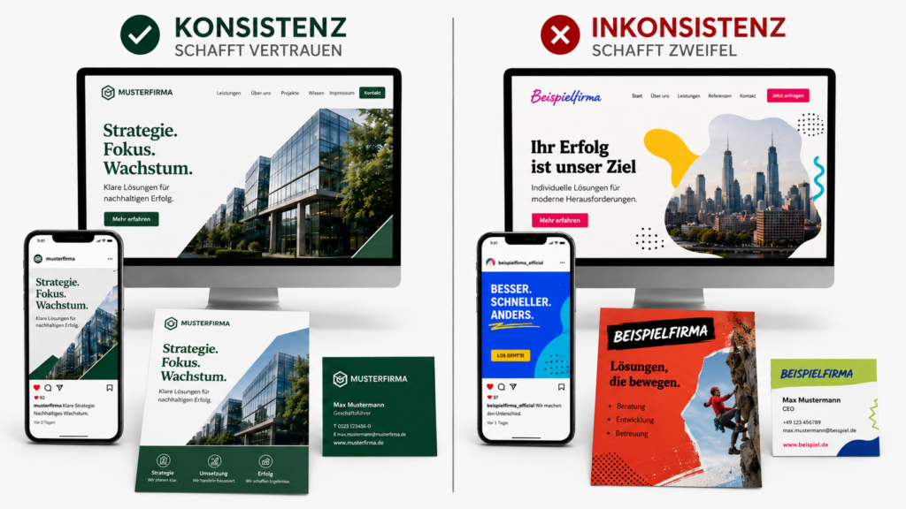 Ein direkter Vergleich zeigt, wie ein einheitlicher Markenauftritt auf Website, Smartphone und Visitenkarte Vertrauen schafft, während ein inkonsistenter Auftritt Zweifel weckt.