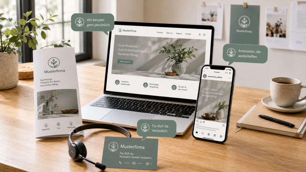 Laptop, Smartphone, Flyer und Visitenkarte auf einem Holzschreibtisch demonstrieren, wie ein einheitlicher Markenauftritt über verschiedene digitale und gedruckte Kanäle hinweg wirkt.