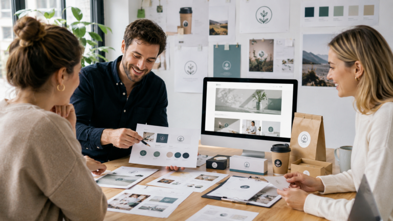 Ein Marketing-Team arbeitet an einem Tisch mit Design-Vorlagen und Verpackungen, um durch Farbpaletten und Logos einen einheitlichen Markenauftritt zu definieren.
