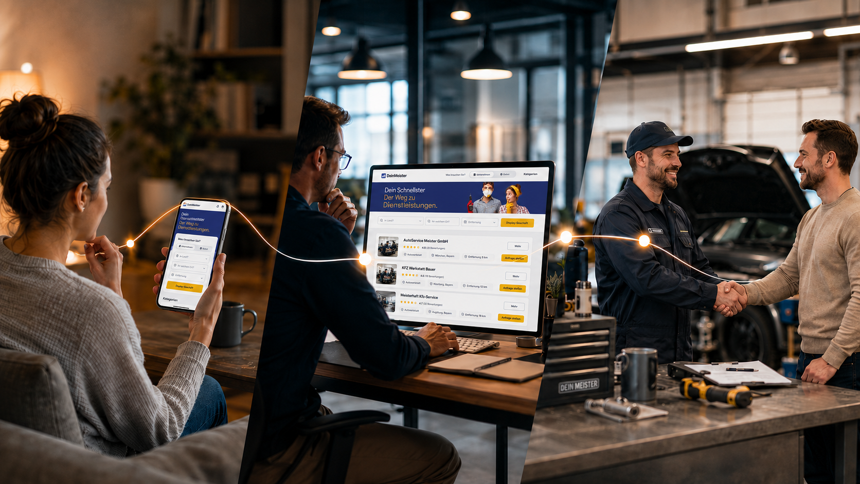 Dreiteilige Infografik zeigt die Kundensuche auf DeinMeister per Smartphone und PC bis zur Vermittlung in die Werkstatt.