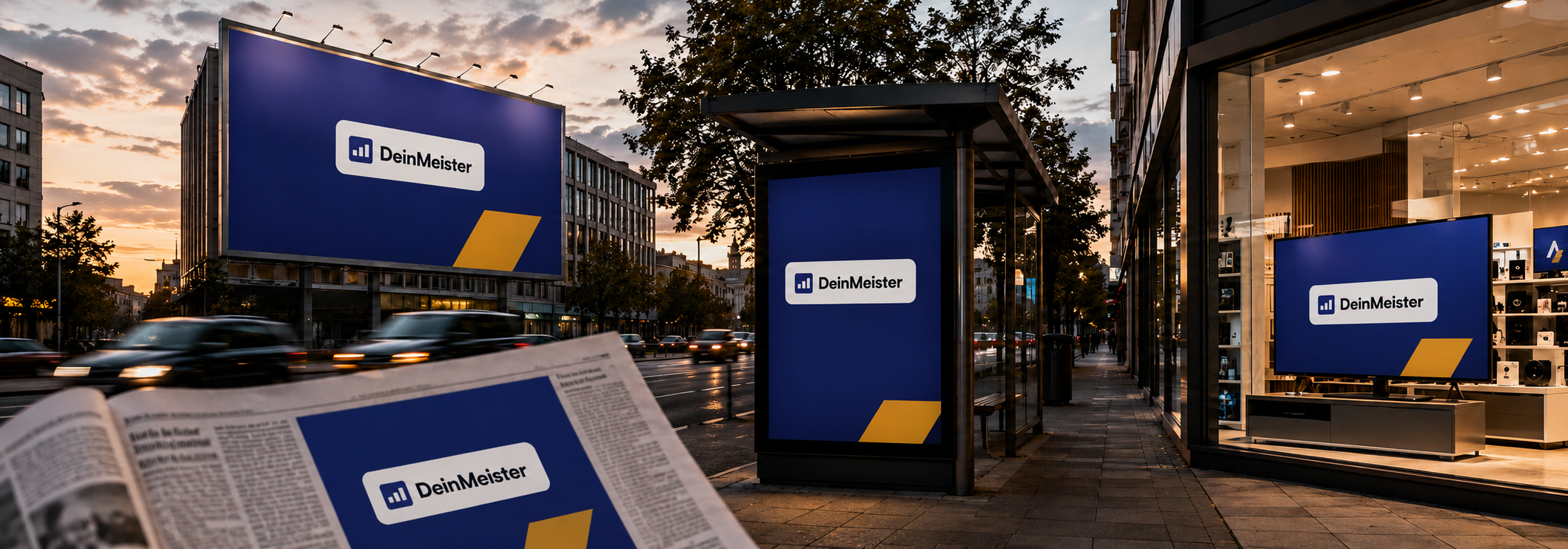 Grafik zur Veranschaulichung eines Crossmedia-Marketingmixes mit verschiedenen, miteinander verbundenen Medienkanälen wie Fernsehen, Radio, Plakatwerbung und Printanzeigen.