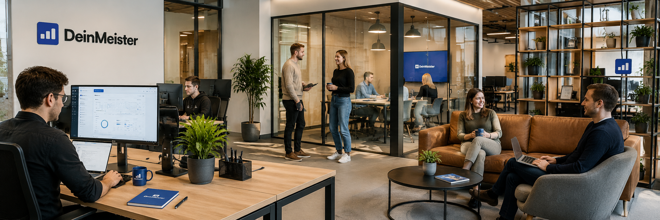 Einblick in das moderne Großraumbüro mit digitalen Arbeitsplätzen bei DeinMeister.