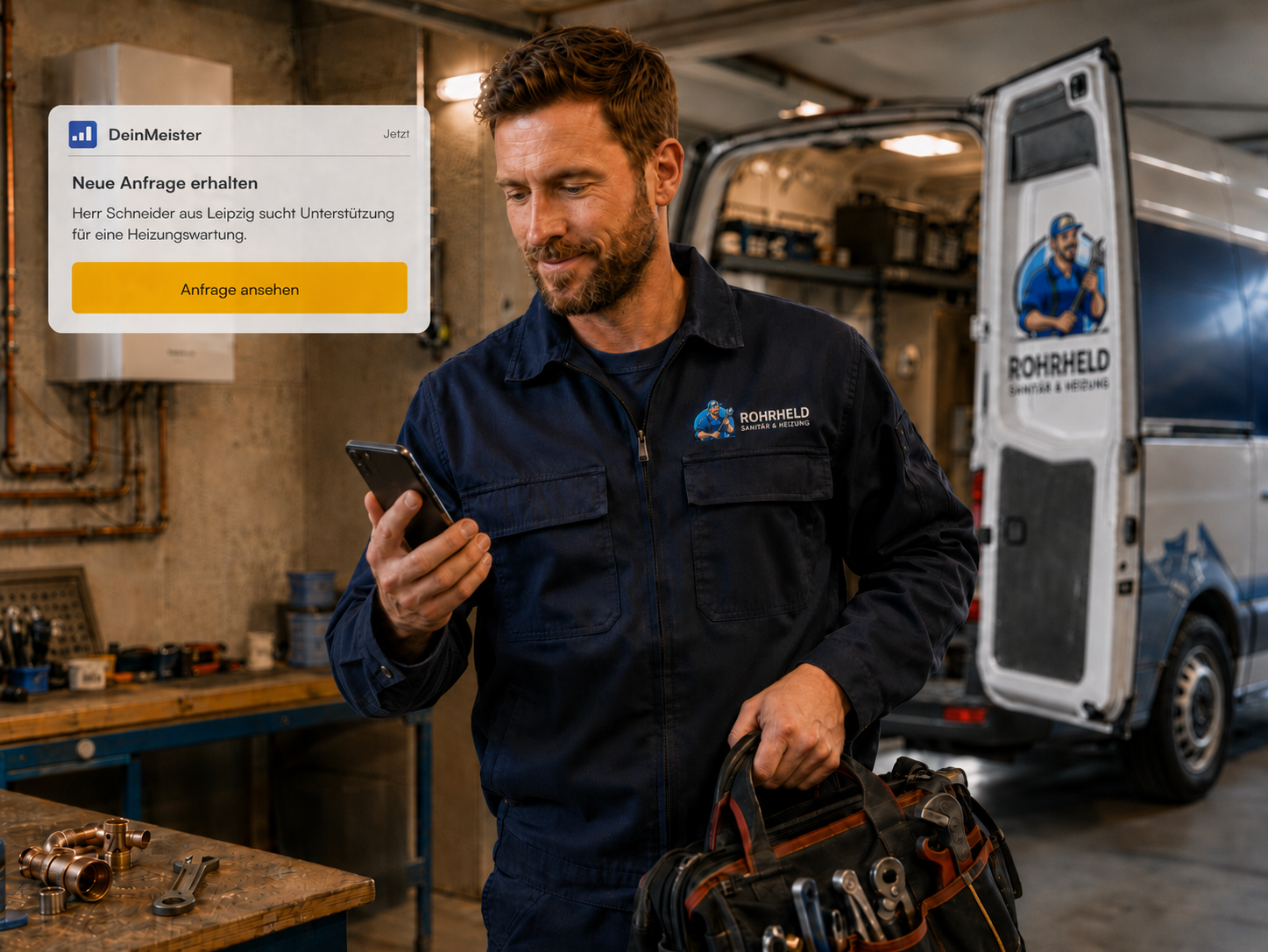 Handwerker erhält in der Werkstatt eine Benachrichtigung über eine neue Kundenanfrage von DeinMeister auf sein Smartphone.