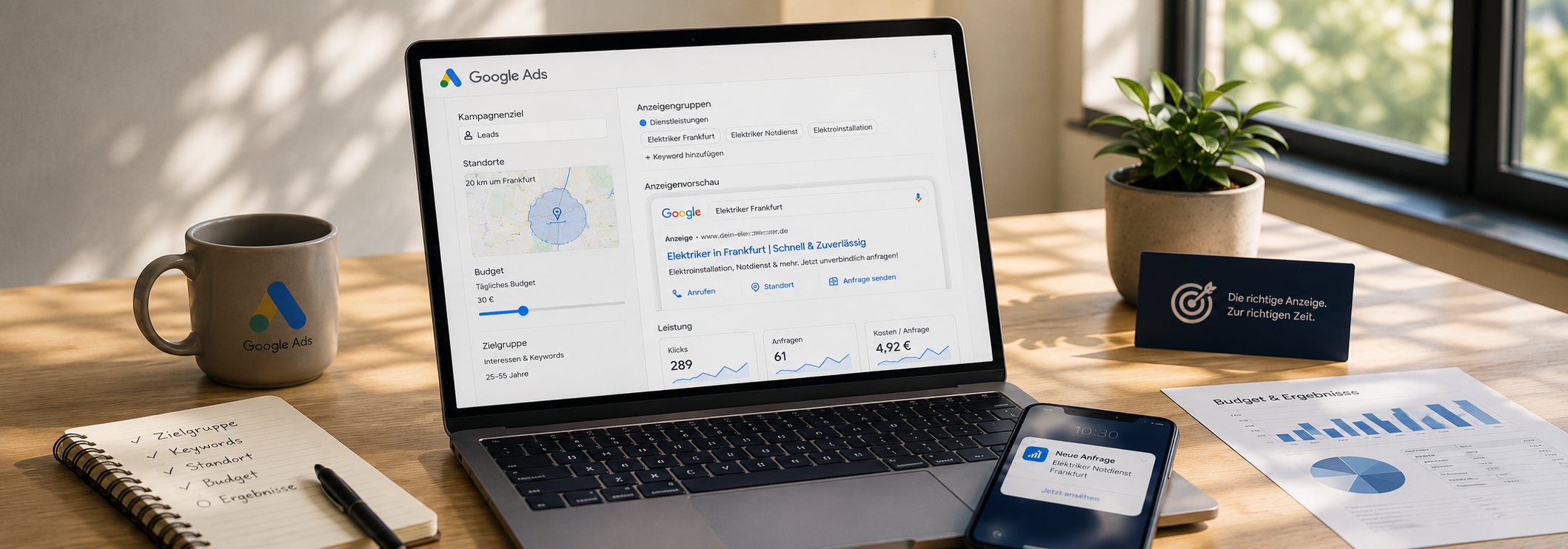 Laptop-Bildschirm mit einer bezahlten Google-Suchanzeige und Einstellungen zur Kampagnen-Steuerung.