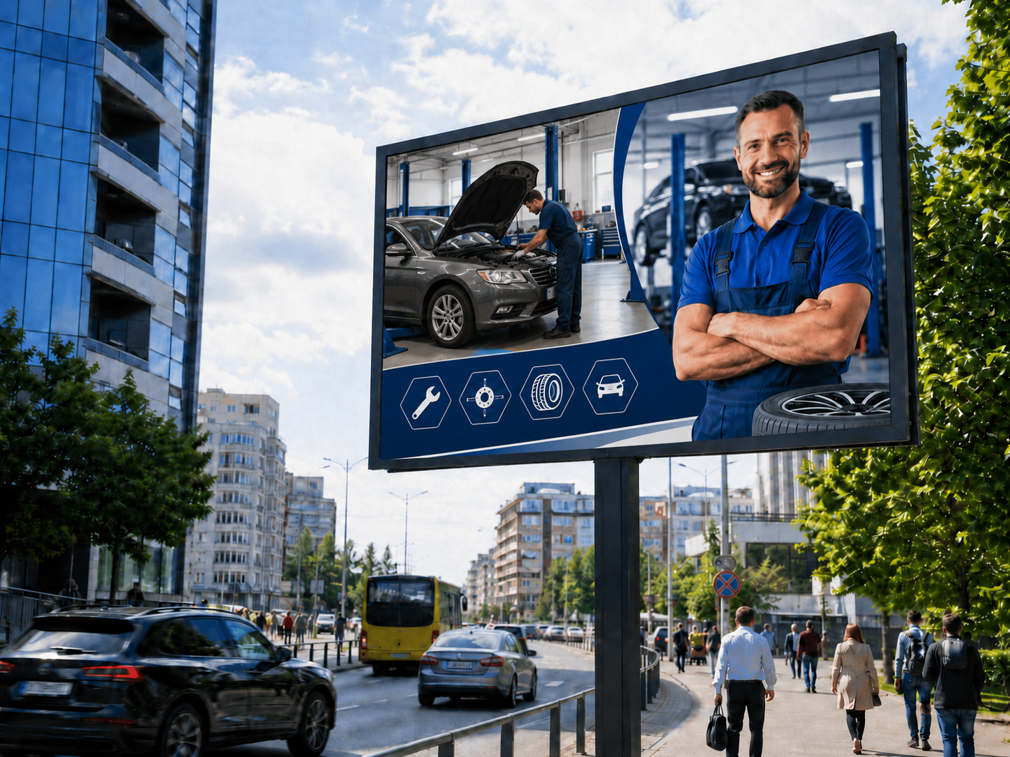 Großes Werbeplakat für eine Kfz-Werkstatt an einer belebten Straße - passend zur Sichtbarkeit von Außenwerbung.