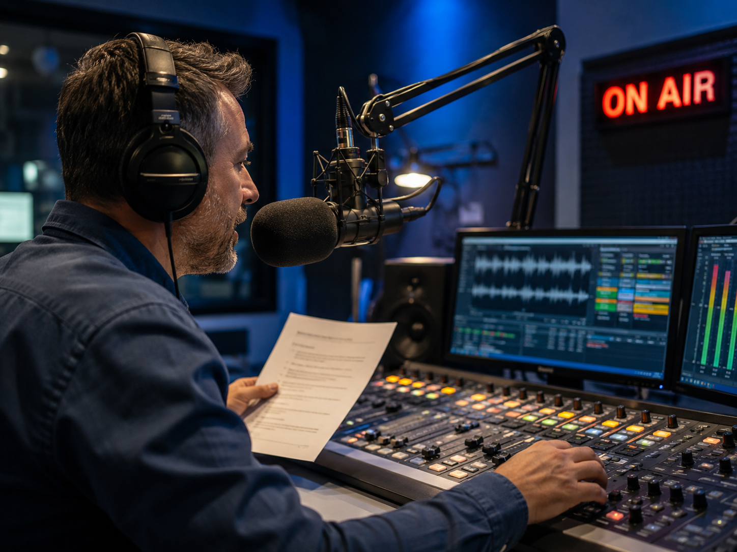 Aufnahme einer Radiokampagne im Tonstudio zur Steigerung der Markenbekanntheit.