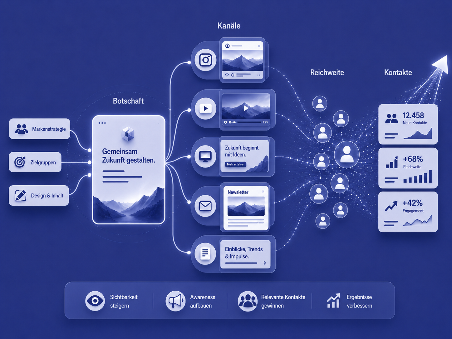 Ein 3D-Marketingdiagramm, das eine Markenbotschaft veranschaulicht, die über digitale Kanäle geleitet wird, um Reichweite und Leads zu steigern.