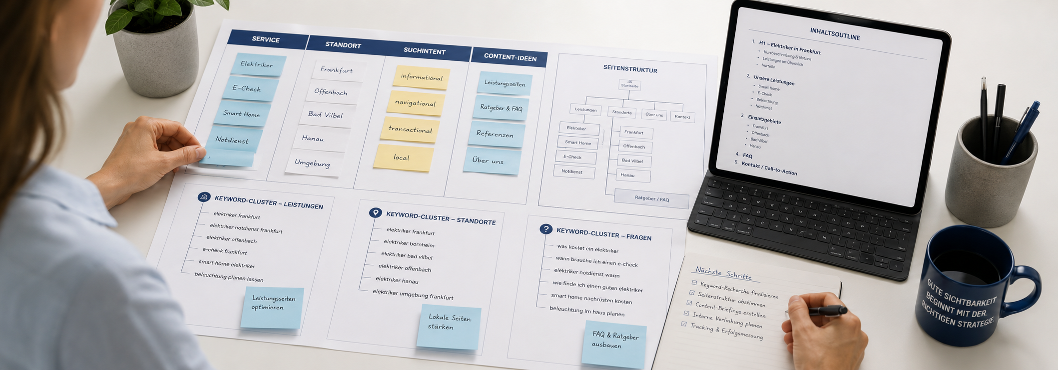 Person plant eine SEO-Strategie mit Keyword-Clustern, Seitenstruktur-Diagramm und Tablet-Notizen.