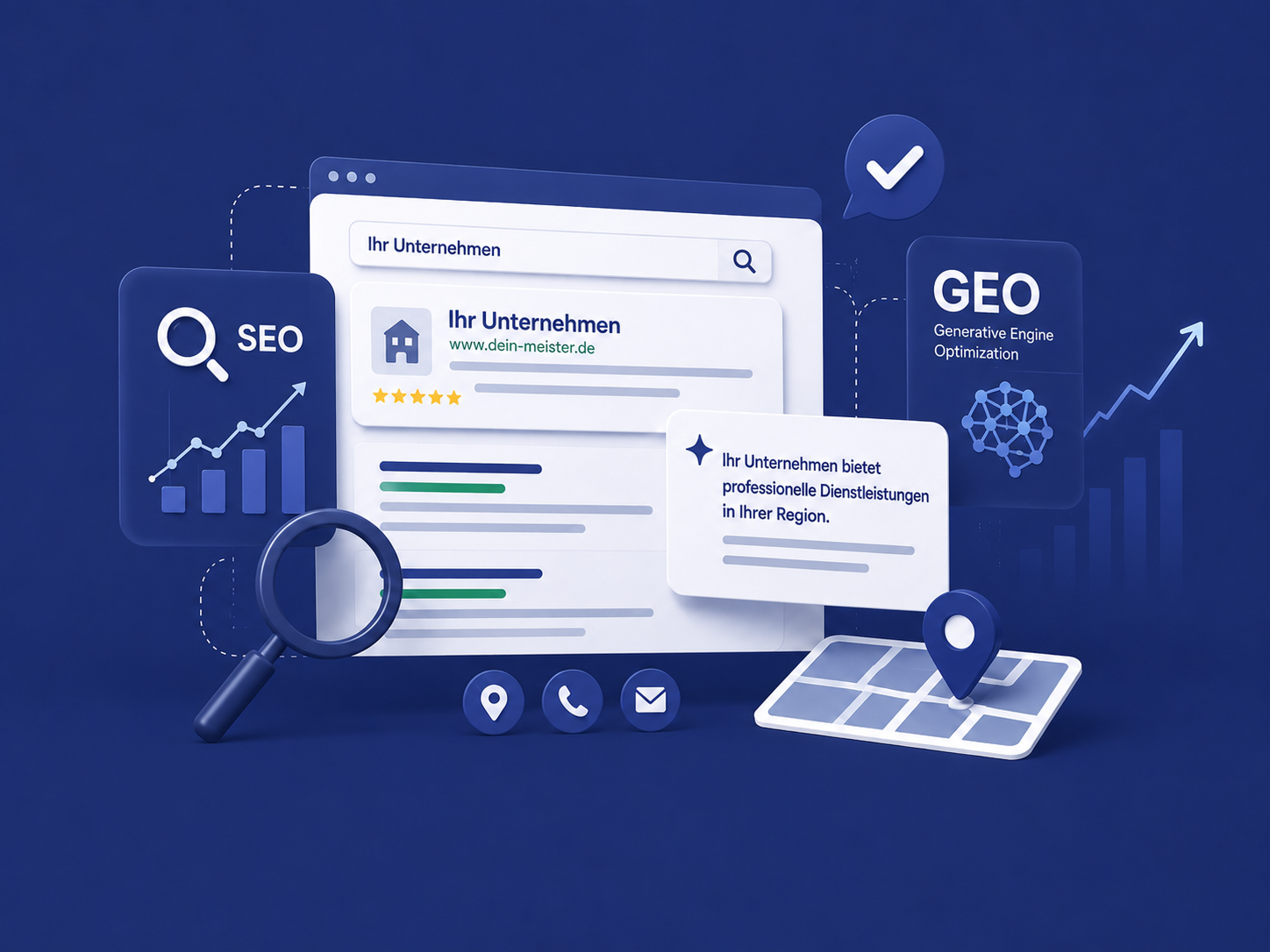 3D-Illustration zur Optimierung von Unternehmensprofilen für traditionelle Suchmaschinen und KI-gestützte Suche.