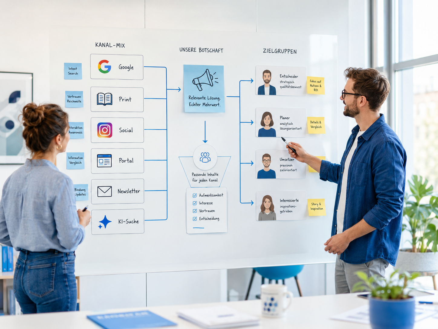 Strategie-Meeting am Whiteboard zur Verbindung von Marketing-Kanälen mit der richtigen Zielgruppe.