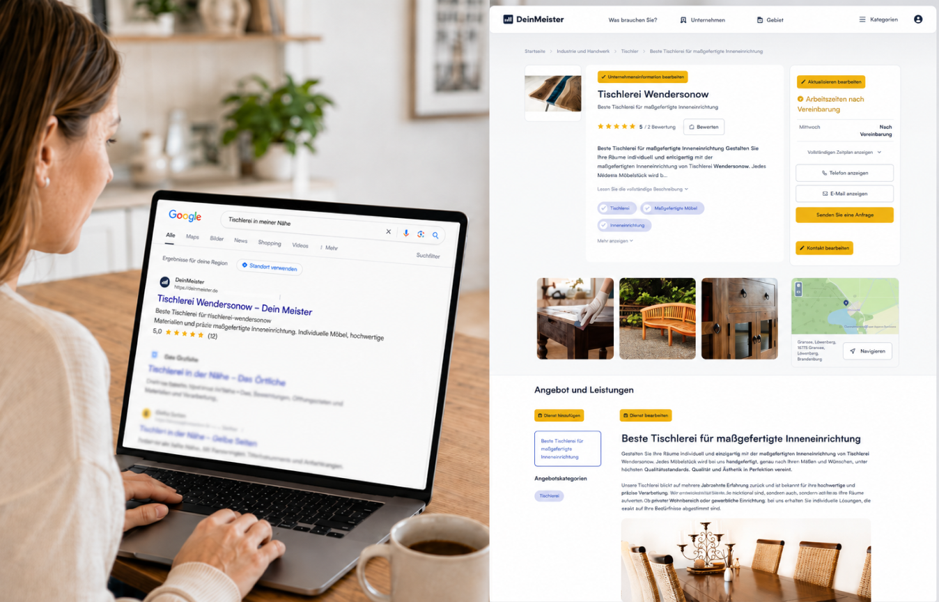 Laptop mit Google-Suchergebnis und ein beispielhaftes, vertrauenswürdiges Firmenprofil auf einer Plattform.