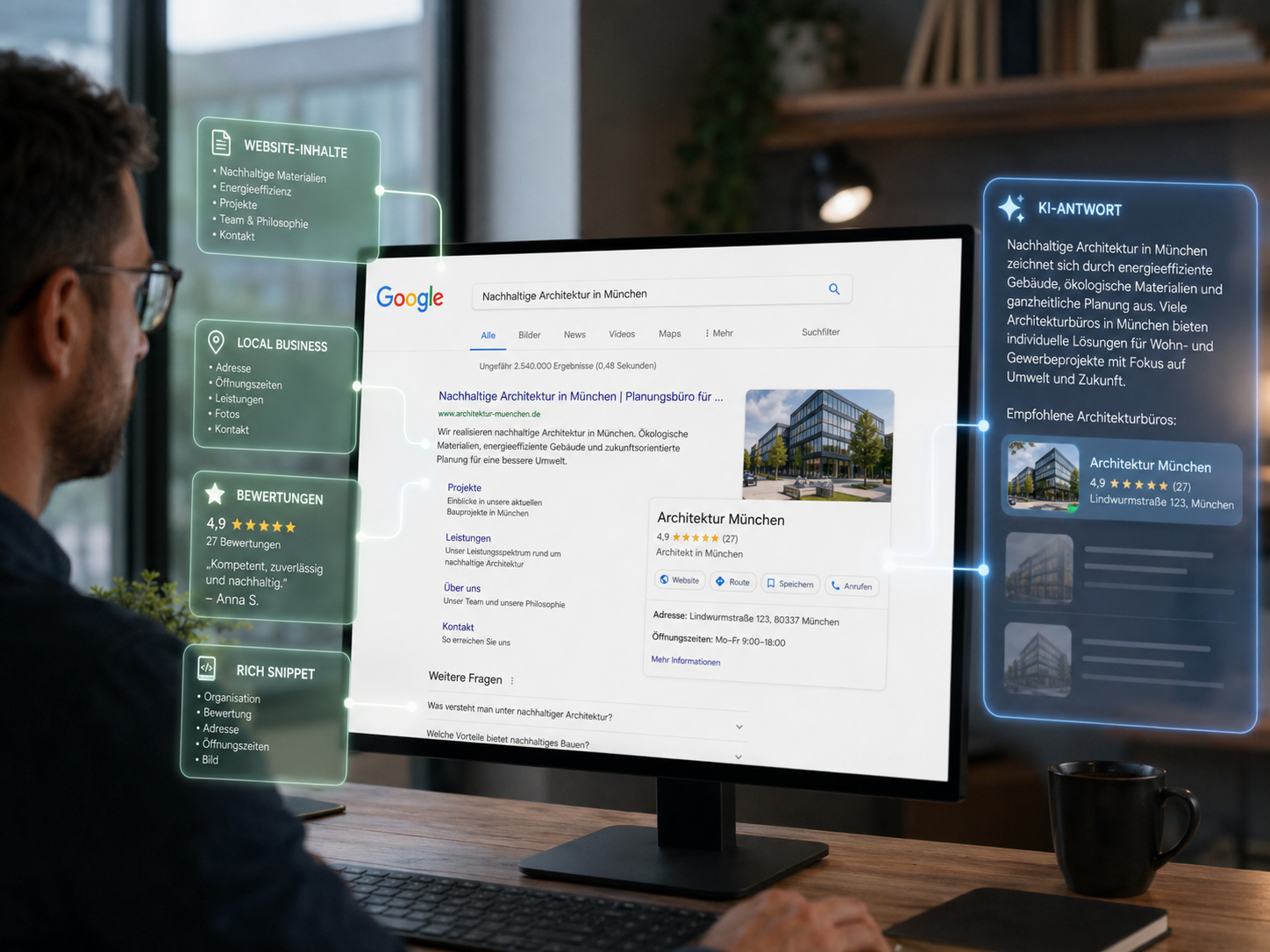 Mann am Monitor zeigt Google-Ergebnisse für Architektur, ergänzt durch Panels für SEO-Elemente und eine KI-Antwort (GEO).
